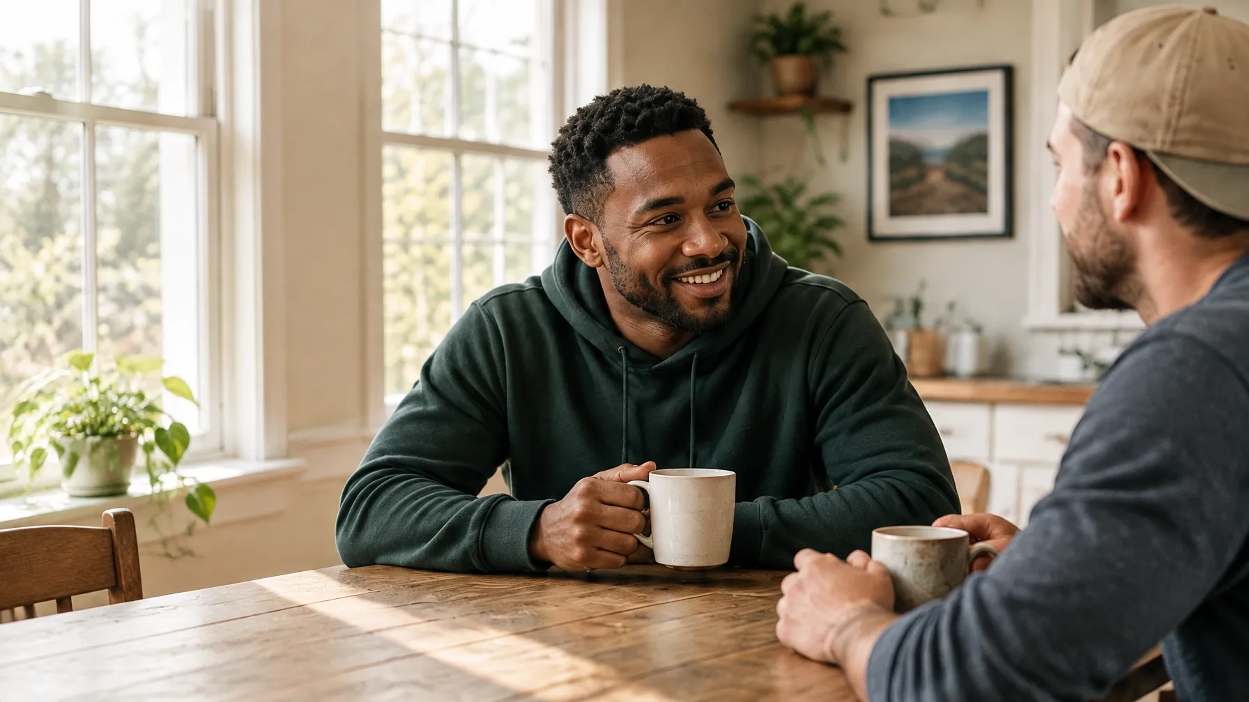 Two men having a candid conversation over coffee